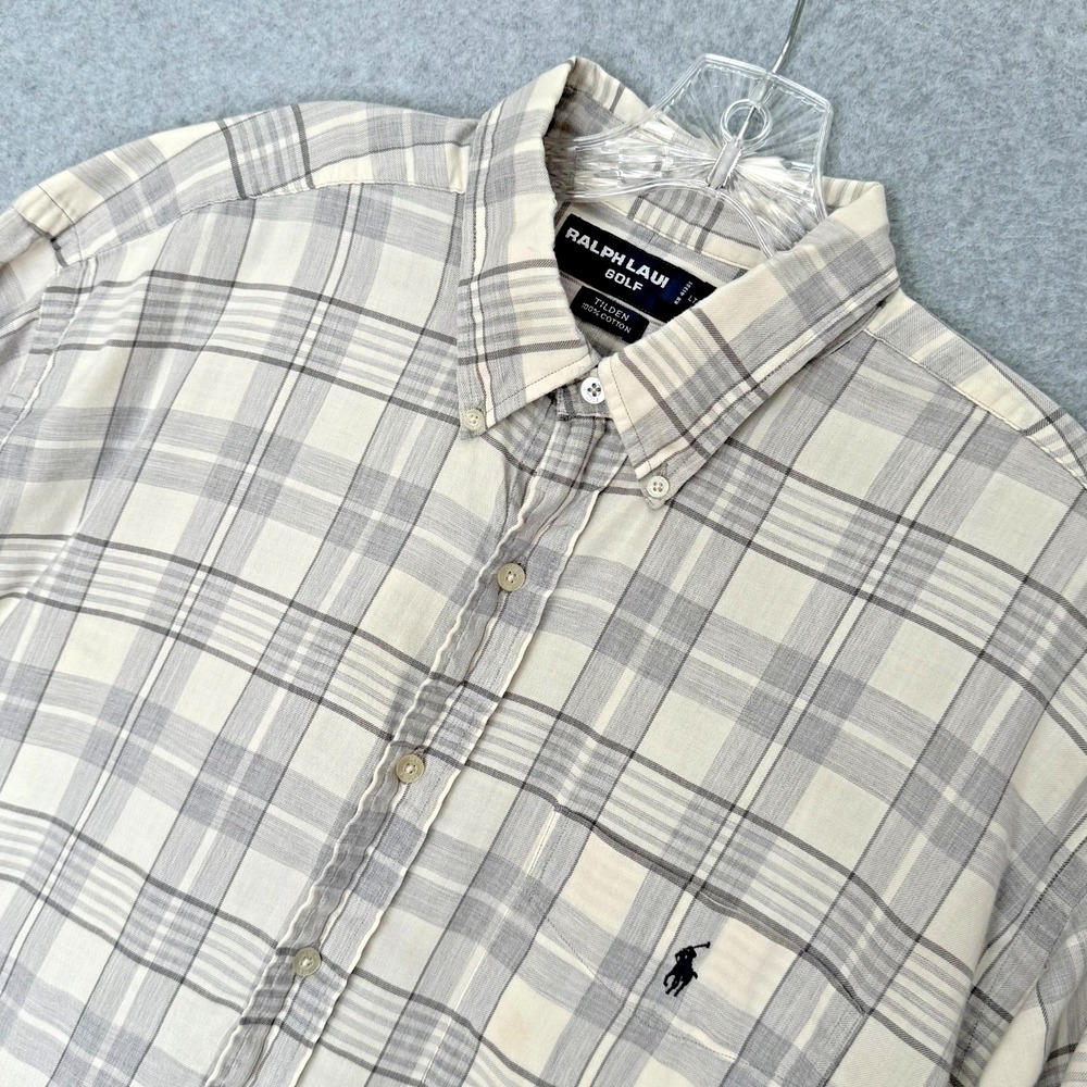 Ralph Lauren Golf Tilden Button Up Shirt Mens XL Gray Plaid Long Sleeve STAINS
